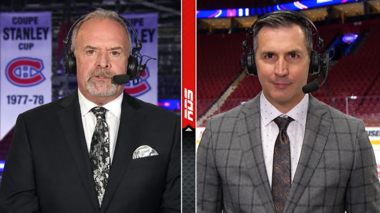 Pierre Houde and Marc Denis wearing broadcast headsets in a split-screen hockey image