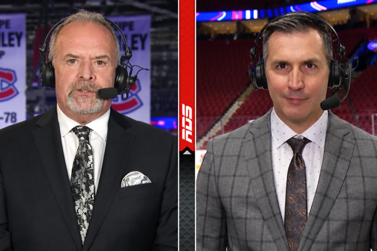 Pierre Houde and Marc Denis wearing broadcast headsets in a split-screen hockey image