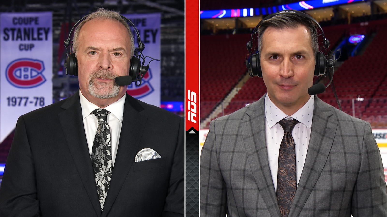 Pierre Houde and Marc Denis wearing broadcast headsets in a split-screen hockey image