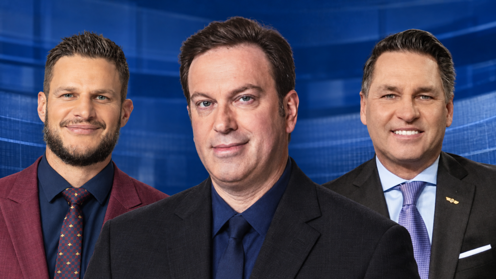 Kevin Bieksa, Elliotte Friedman and Kelly Hrudey in a blue studio-style composite