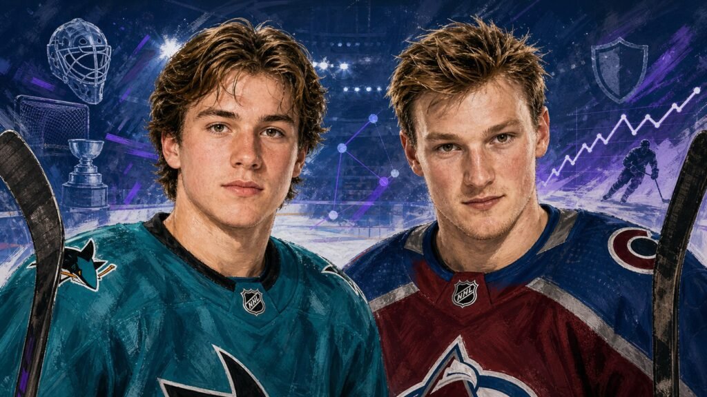 Editorial illustration of Macklin Celebrini and Cale Makar in Sharks and Avalanche sweaters