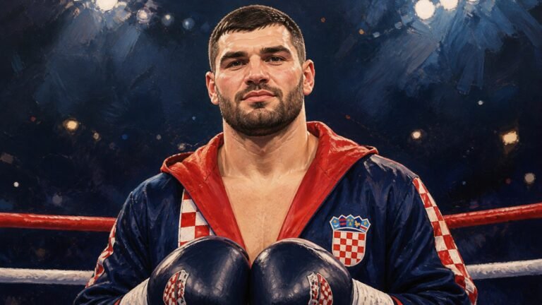 Editorial illustration of Filip Hrgović wearing boxing gloves in an arena