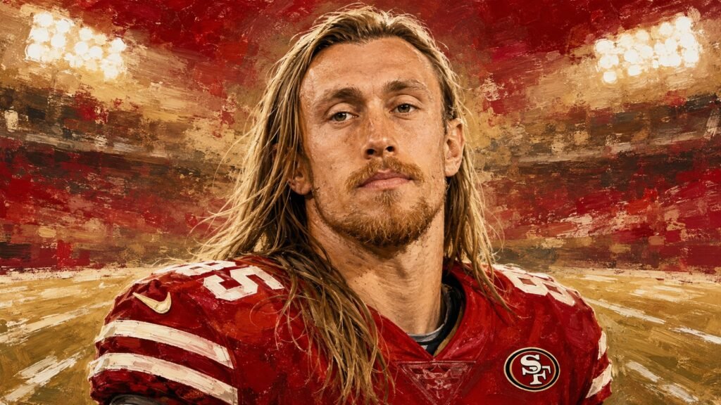 Editorial illustration of George Kittle in his San Francisco 49ers uniform