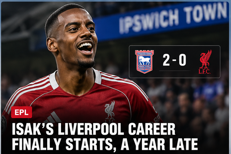 Editorial illustration of Alexander Isak in Liverpool colors after his two-goal performance in a 2-0 win at Ipswich.