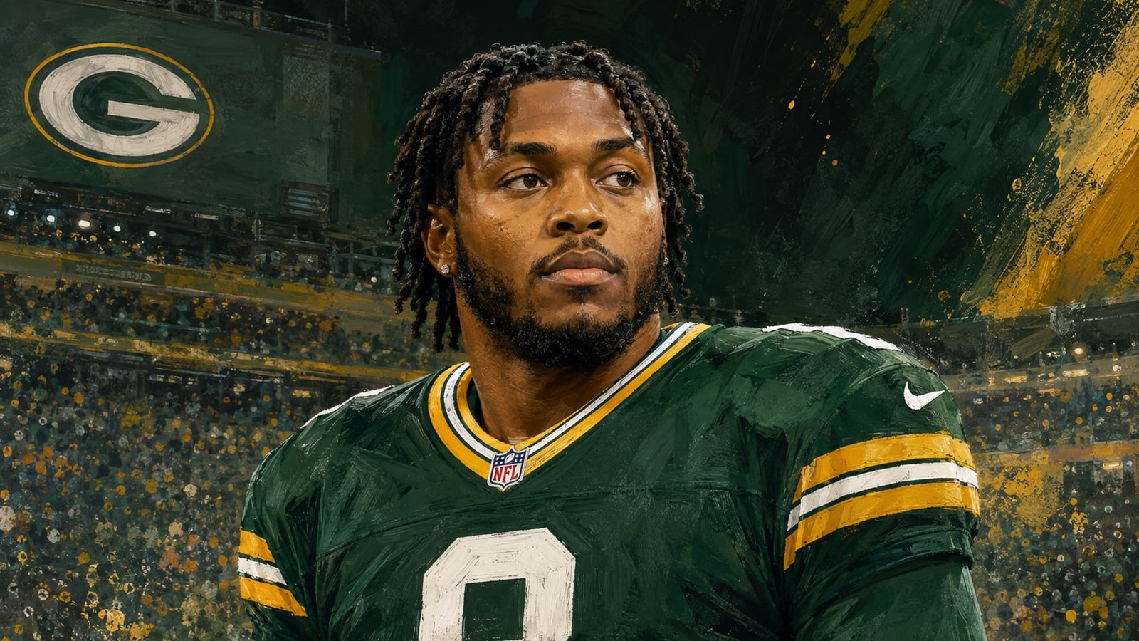 Editorial illustration of Josh Jacobs in his Green Bay Packers uniform