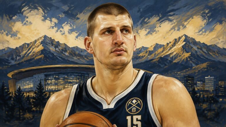 Editorial illustration of Nikola Jokić in his Denver Nuggets uniform