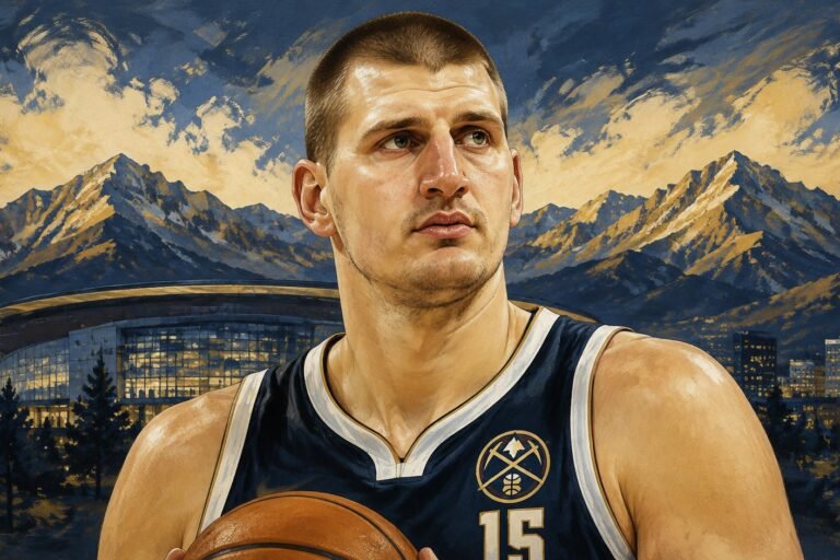Editorial illustration of Nikola Jokić in his Denver Nuggets uniform