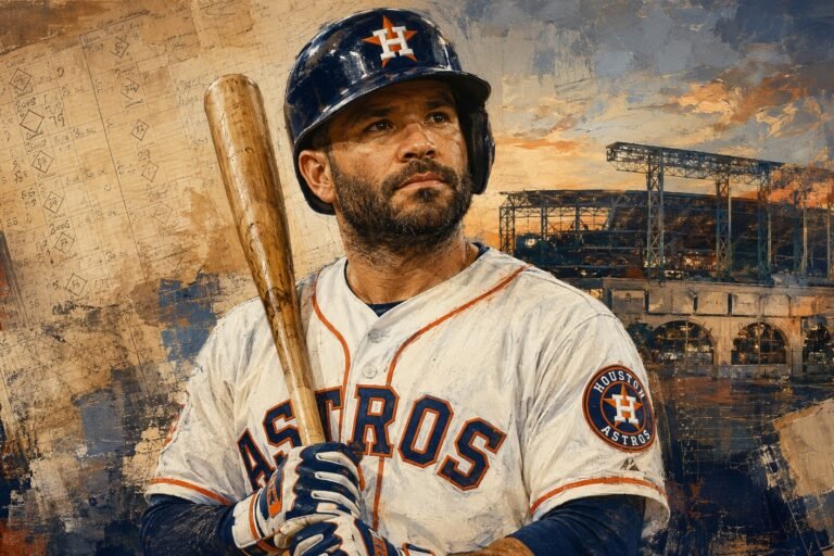 Editorial illustration of José Altuve holding a bat in a Houston Astros uniform, with a scorebook and ballpark behind him