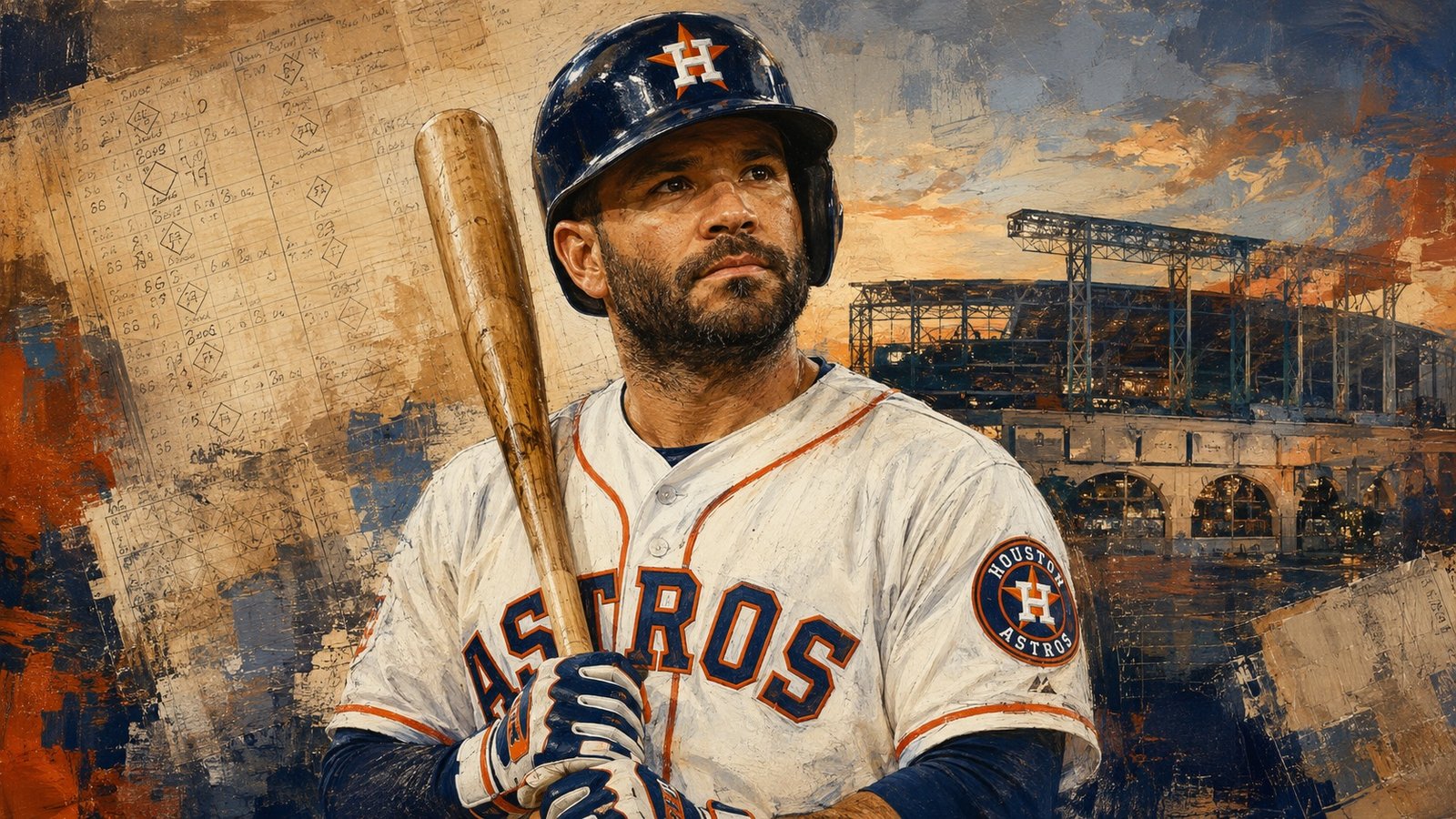 Editorial illustration of José Altuve holding a bat in a Houston Astros uniform, with a scorebook and ballpark behind him
