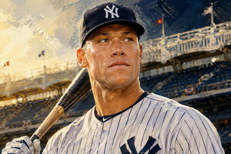 Editorial illustration of Aaron Judge in Yankees pinstripes, holding a bat