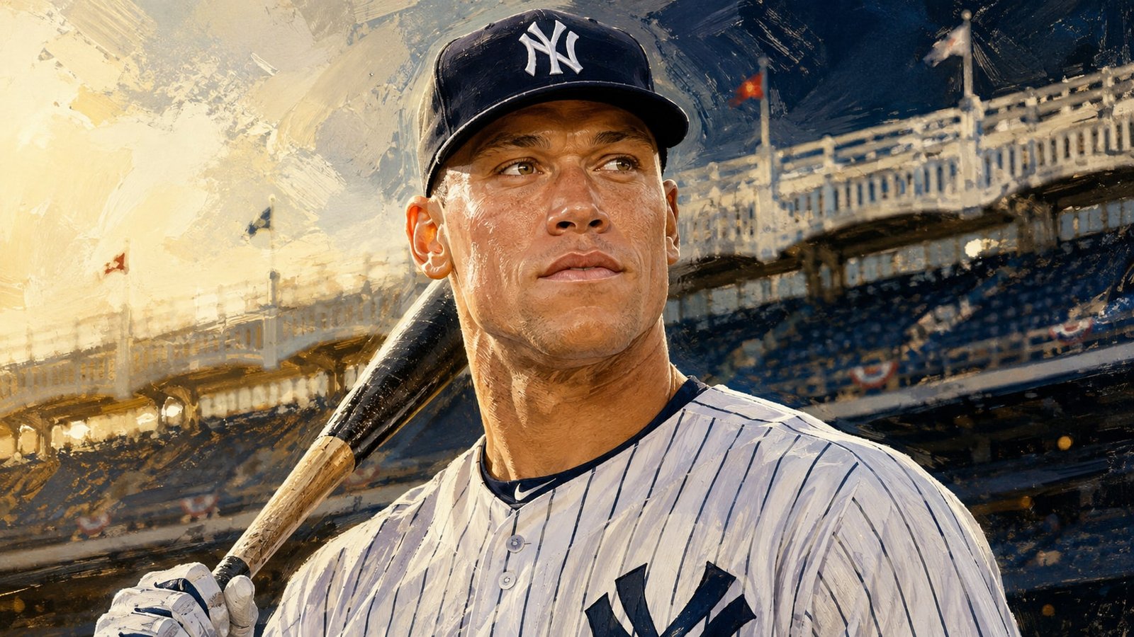 Editorial illustration of Aaron Judge in Yankees pinstripes, holding a bat