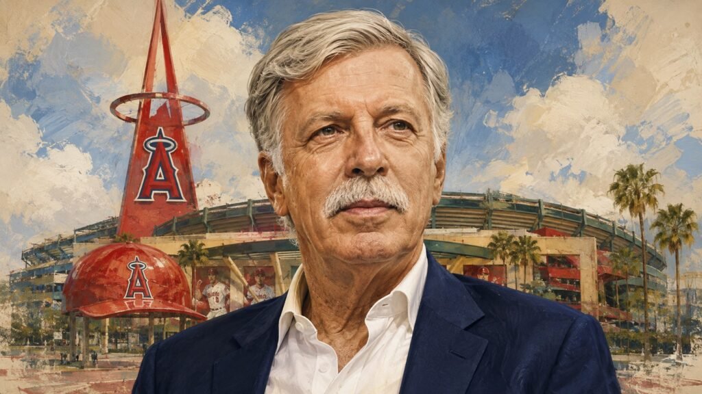 Editorial illustration of Stan Kroenke with Angel Stadium in the background