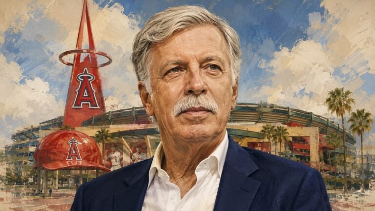 Editorial illustration of Stan Kroenke with Angel Stadium in the background