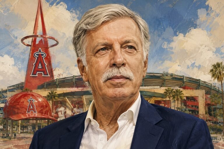 Editorial illustration of Stan Kroenke with Angel Stadium in the background