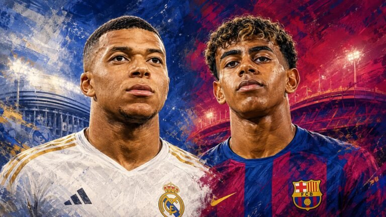 Editorial illustration of Kylian Mbappé and Lamine Yamal representing Real Madrid and Barcelona