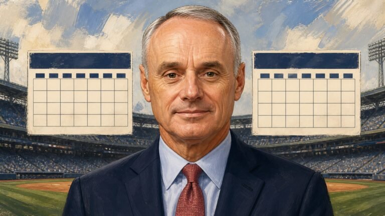 Editorial illustration of MLB commissioner Rob Manfred beside a baseball calendar