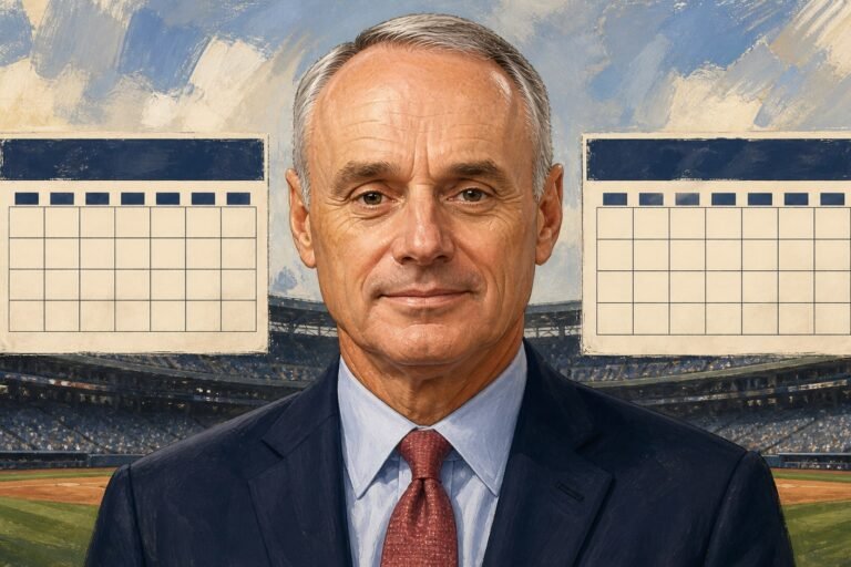 Editorial illustration of MLB commissioner Rob Manfred beside a baseball calendar