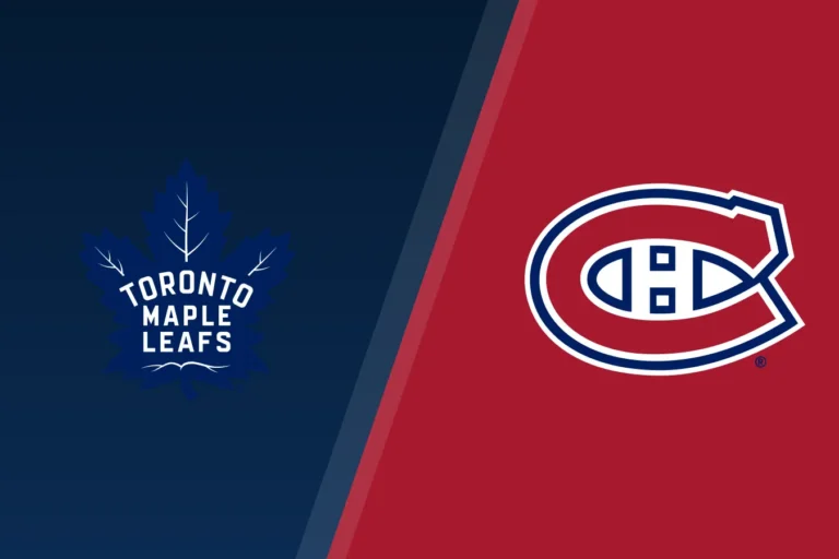 Toronto Maple Leafs and Montreal Canadiens logos on a split blue-and-red background