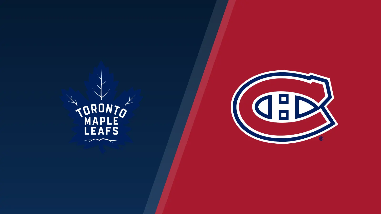 Toronto Maple Leafs and Montreal Canadiens logos on a split blue-and-red background