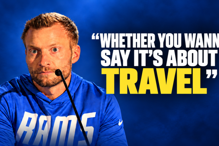 Sean McVay beside the quotation “Whether you wanna say it’s about travel.” AI-assisted editorial composite based on The Sporting Tribune press-conference frame.