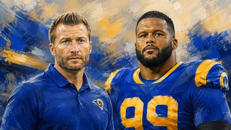 Editorial illustration of Los Angeles Rams coach Sean McVay and Aaron Donald