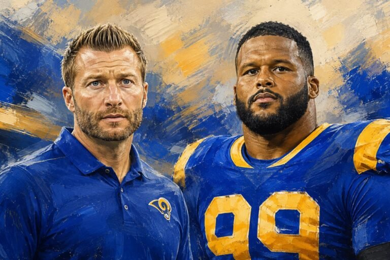 Editorial illustration of Los Angeles Rams coach Sean McVay and Aaron Donald