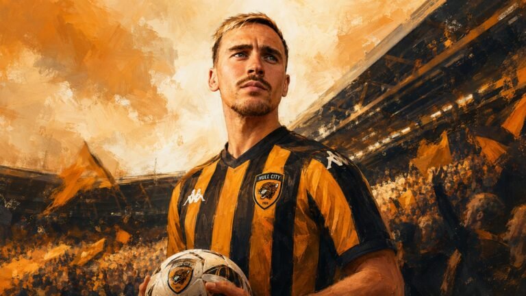 Editorial illustration of Liam Millar in Hull City’s amber and black shirt