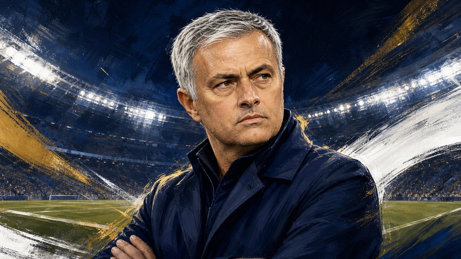Editorial portrait of José Mourinho with folded arms against an abstracted Bernabéu stadium backdrop