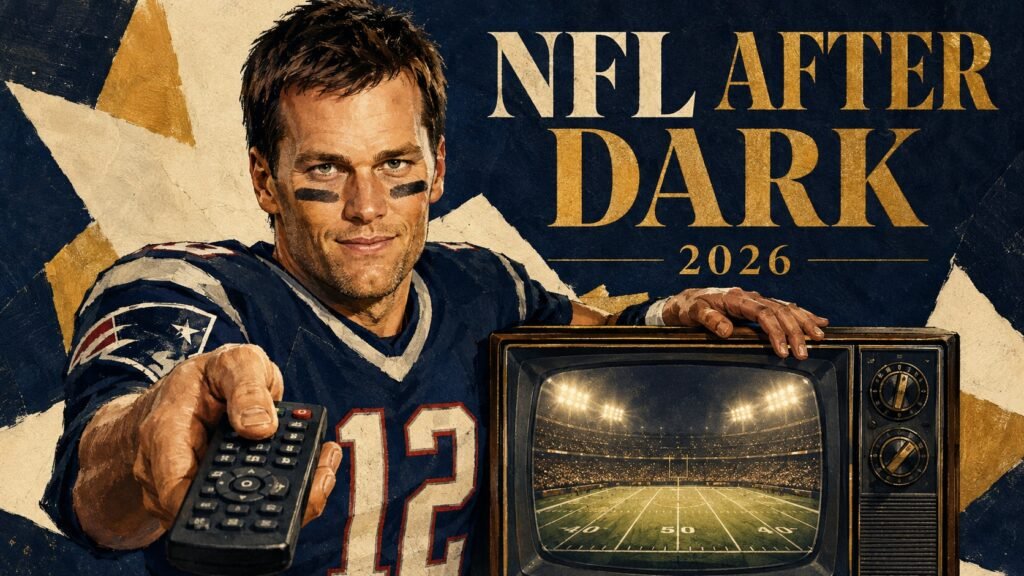 Editorial illustration of Tom Brady holding a remote beside a television showing football