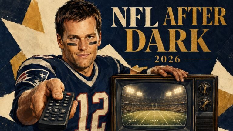 Editorial illustration of Tom Brady holding a remote beside a television showing football