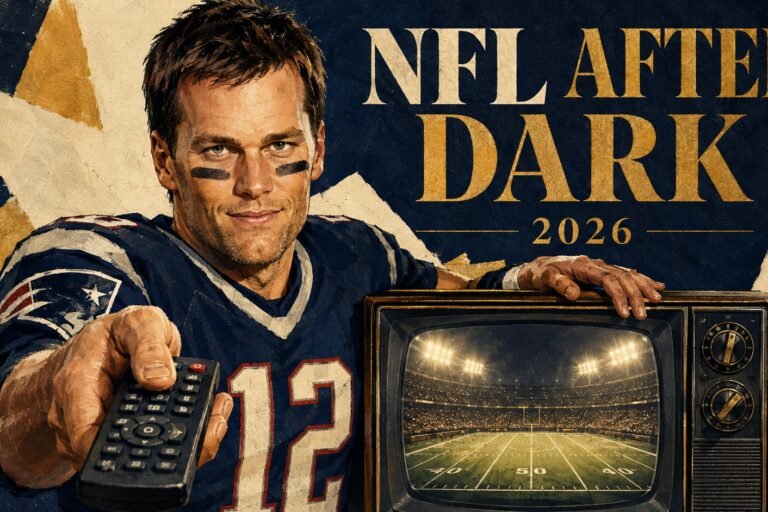 Editorial illustration of Tom Brady holding a remote beside a television showing football