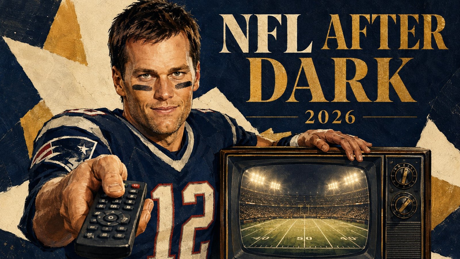 Editorial illustration of Tom Brady holding a remote beside a television showing football