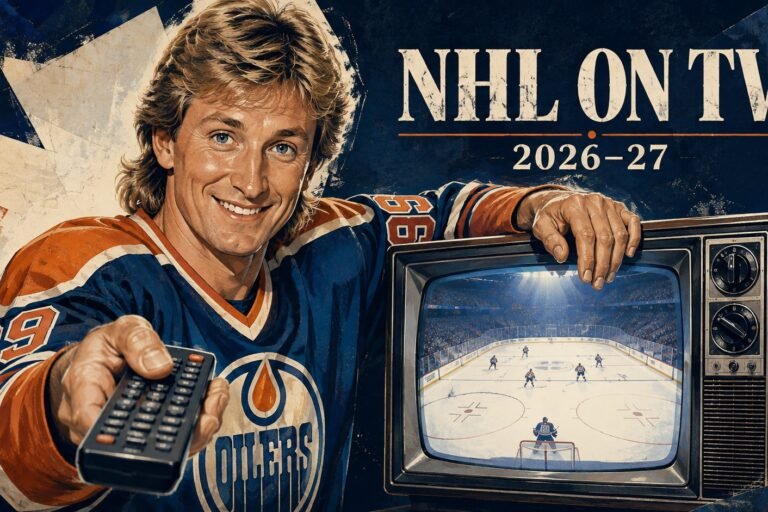 Editorial illustration of Wayne Gretzky holding a remote beside a television showing hockey