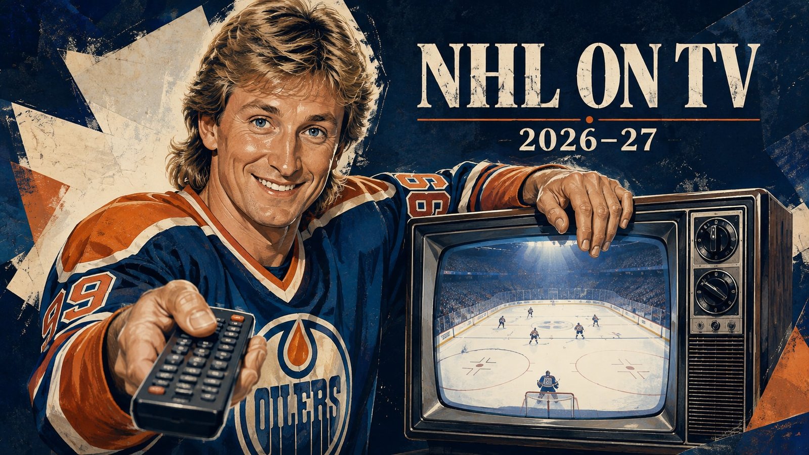 Editorial illustration of Wayne Gretzky holding a remote beside a television showing hockey