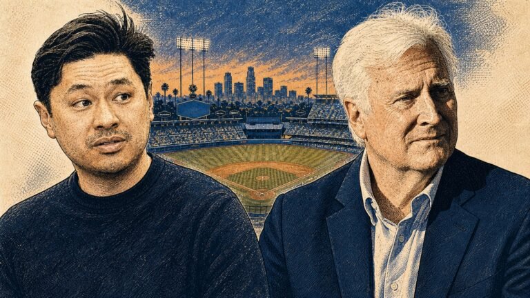 Vintage editorial illustration of Pablo Torre and Mark Walter at Dodger Stadium