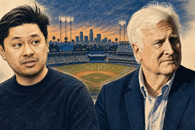 Vintage editorial illustration of Pablo Torre and Mark Walter at Dodger Stadium