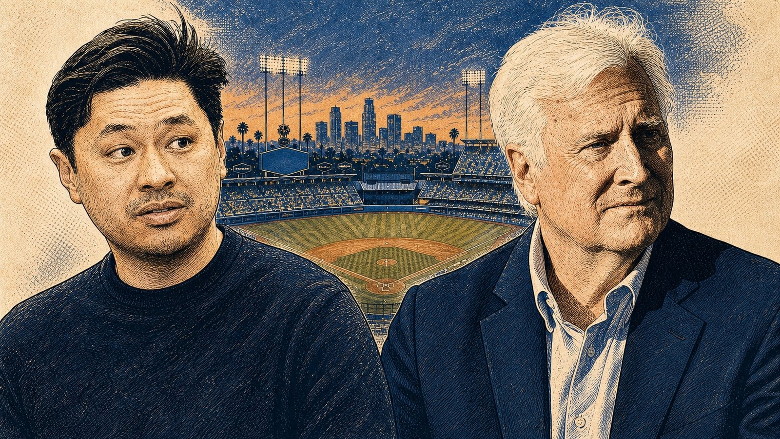 Vintage editorial illustration of Pablo Torre and Mark Walter at Dodger Stadium