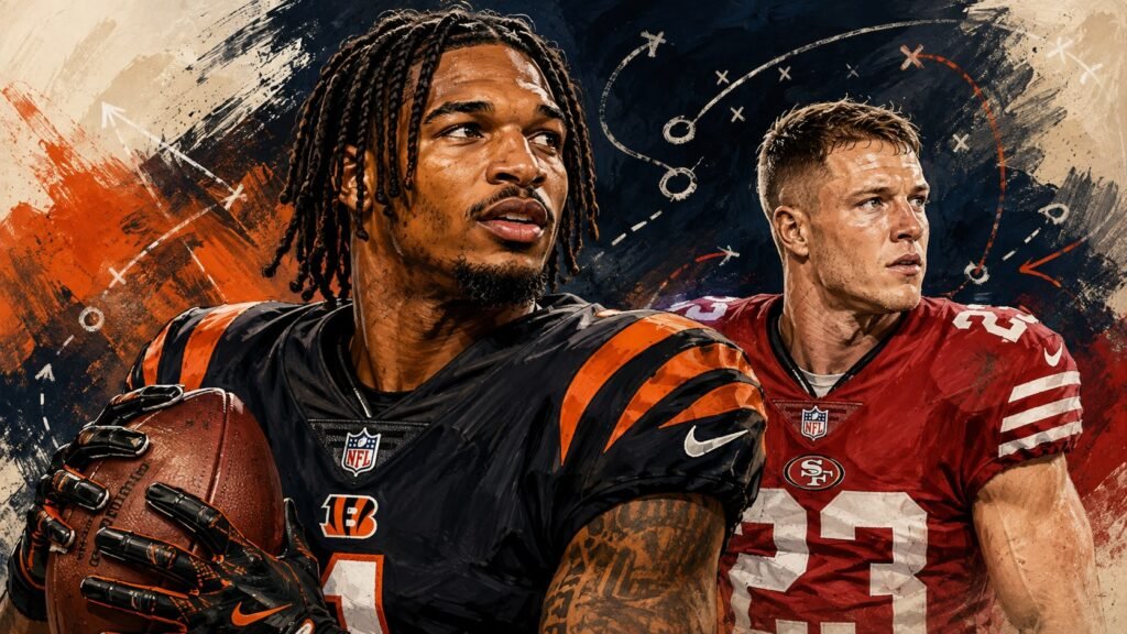 Editorial illustration of Ja’Marr Chase and Christian McCaffrey, illustrating a discussion of PPR receptions