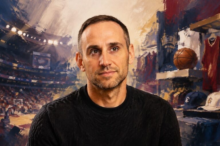 Editorial illustration of Michael Rubin against a basketball and sports business backdrop