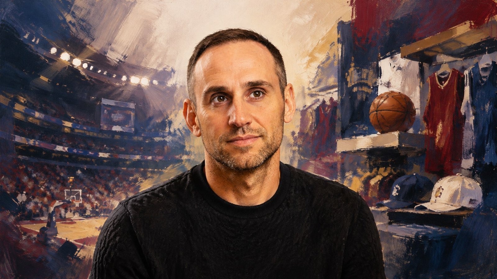 Editorial illustration of Michael Rubin against a basketball and sports business backdrop