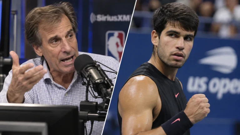 TSP editorial artwork depicting Chris Russo at a broadcast microphone beside Carlos Alcaraz on a tennis court.