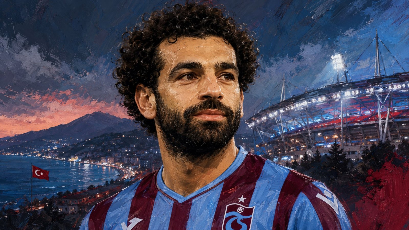 Editorial illustration of Mohamed Salah in Trabzonspor claret and sky blue