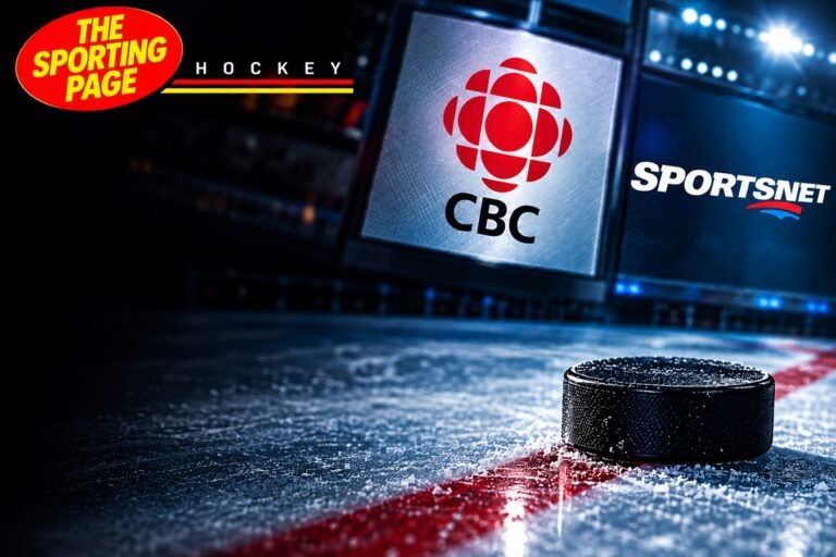 The Sporting Page Hockey graphic with CBC and Sportsnet panels and a puck on the ice.