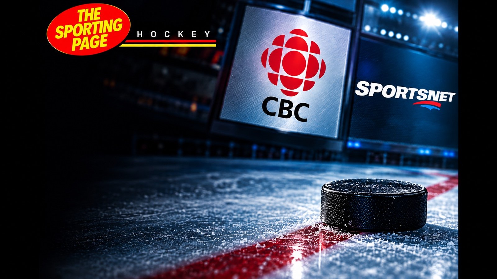 The Sporting Page Hockey graphic with CBC and Sportsnet panels and a puck on the ice.
