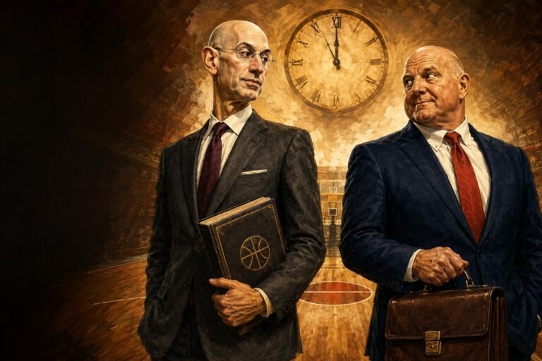 Editorial illustration of Adam Silver holding a basketball rulebook opposite Steve Ballmer with a legal briefcase