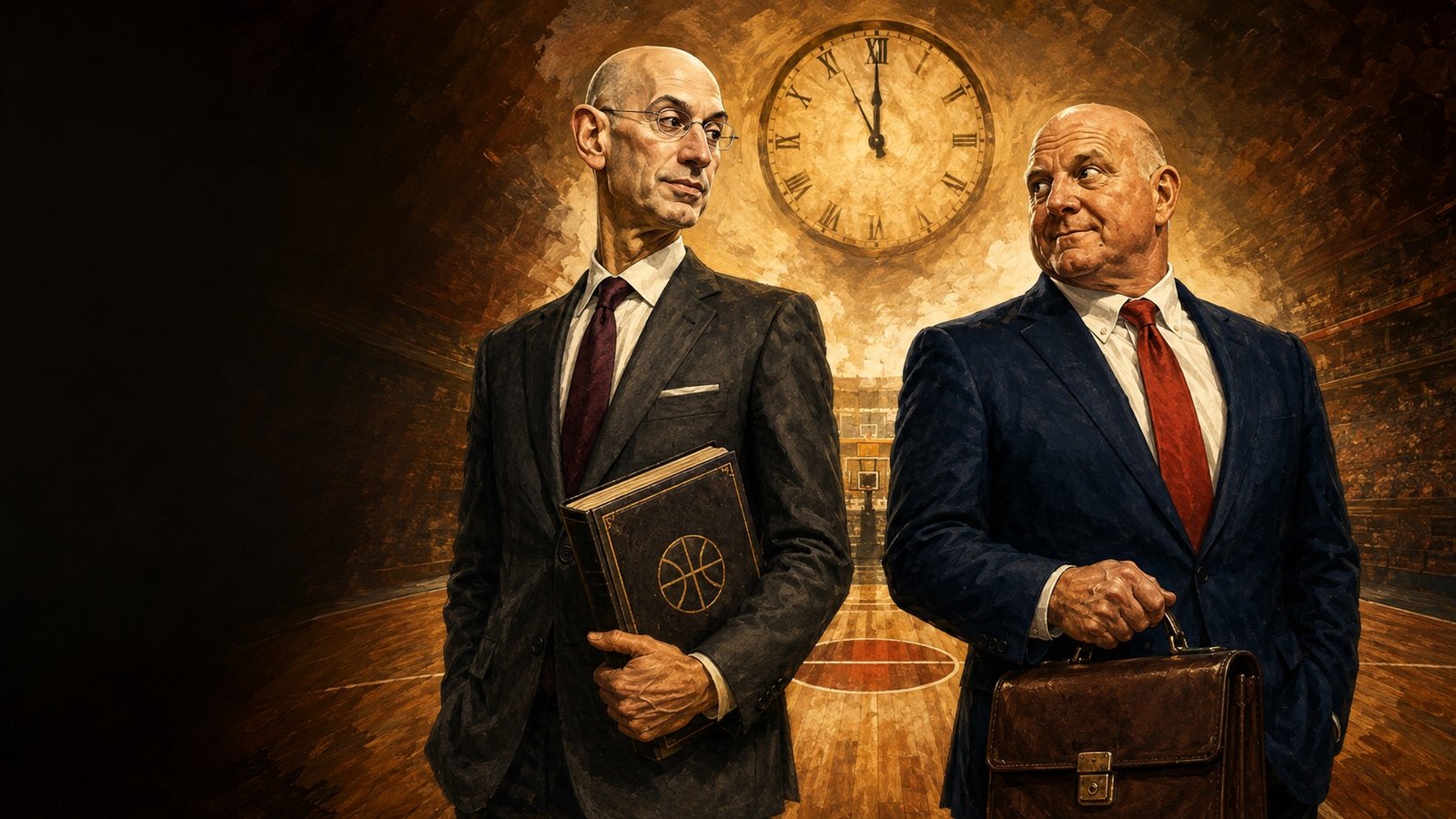 Editorial illustration of Adam Silver holding a basketball rulebook opposite Steve Ballmer with a legal briefcase