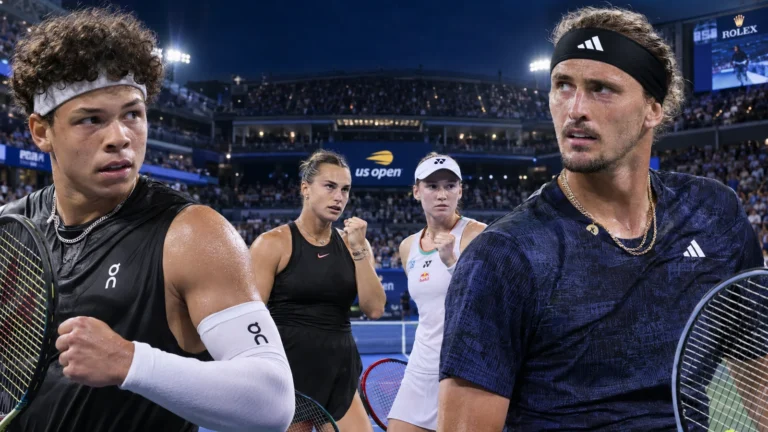 TSP editorial artwork depicting Ben Shelton and Alexander Zverev, with Aryna Sabalenka and Elena Rybakina between them.