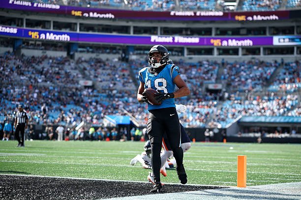 Jalen Coker makes a reception for the Carolina Panthers against the Chicago Bears on September 13, 2026