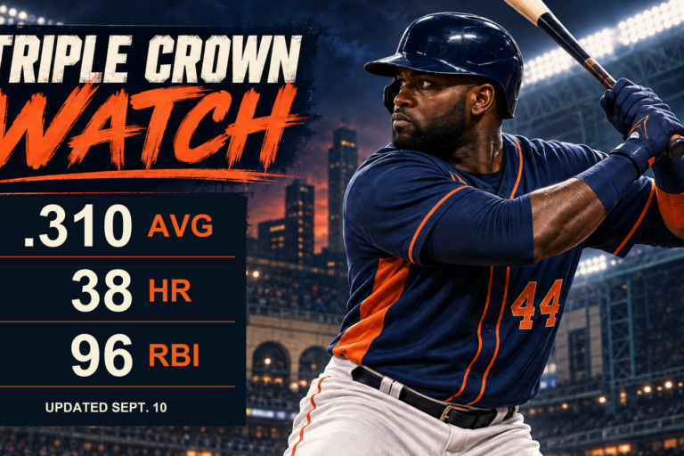 Editorial graphic of Yordan Alvarez with a .310 batting average, 38 home runs and 96 RBI, updated September 10, 2026.