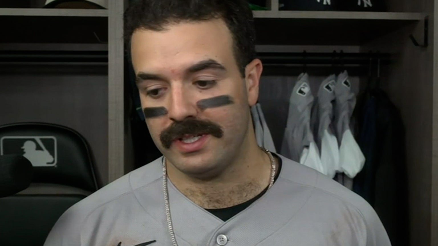 Austin Wells speaks in the clubhouse after Yankees–Rays ALDS Game 1 on October 3.